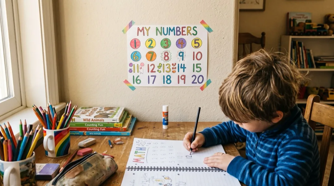 Eine Zahlentafel über einem Kinderschreibtisch an der Wand befestigt, darunter ein aufgeschlagenes Heft.