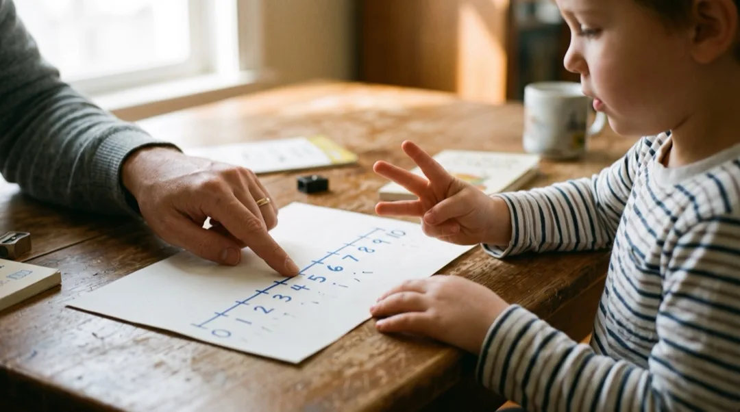 A parent's hand pointing to a hand-drawn number line while a child's other hand counts on fingers at the same table.