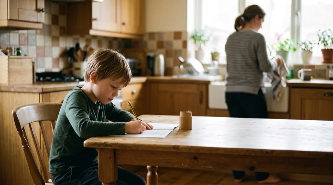 Ein Kind arbeitet allein am Küchentisch an einem Arbeitsblatt, während ein Elternteil mit dem Rücken zur Kamera an der Arbeitsplatte steht.