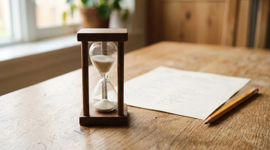 Eine kleine hölzerne Sanduhr steht auf einem Küchentisch neben einem Arbeitsblatt und einem Bleistift.