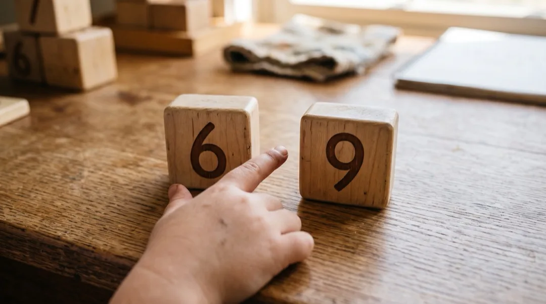 A child's finger pointing at a wooden block showing the number 6, next to a block showing 9.