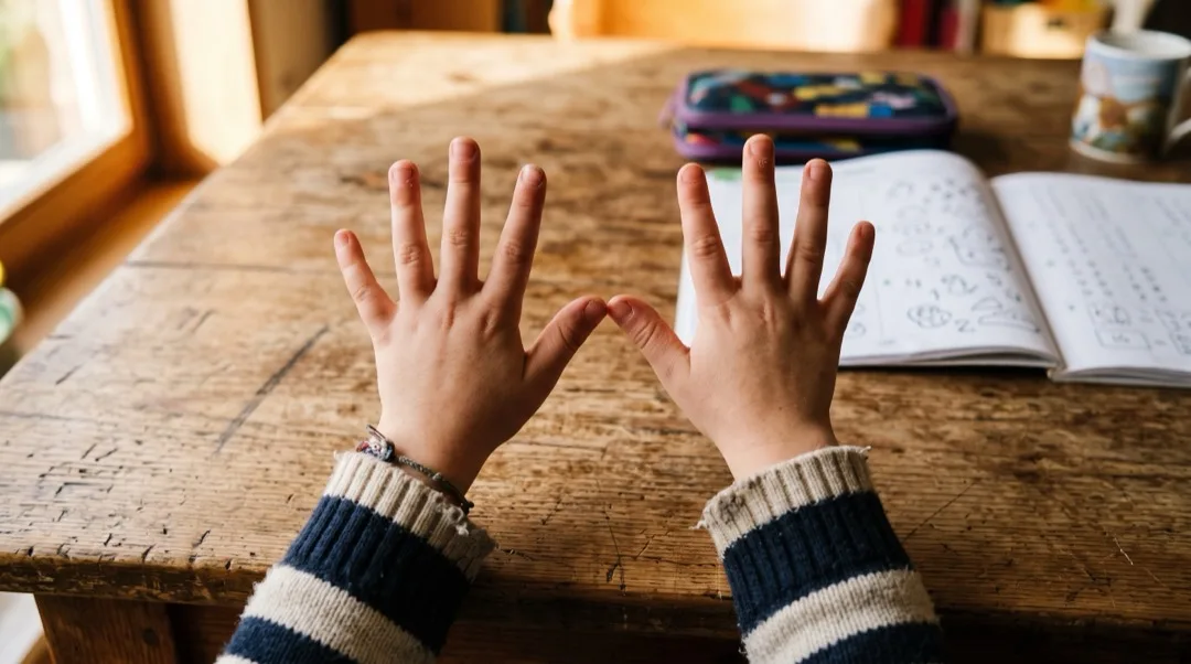 Die Hände eines Kindes zeigen Finger paarweise beim Zählen in Schritten.