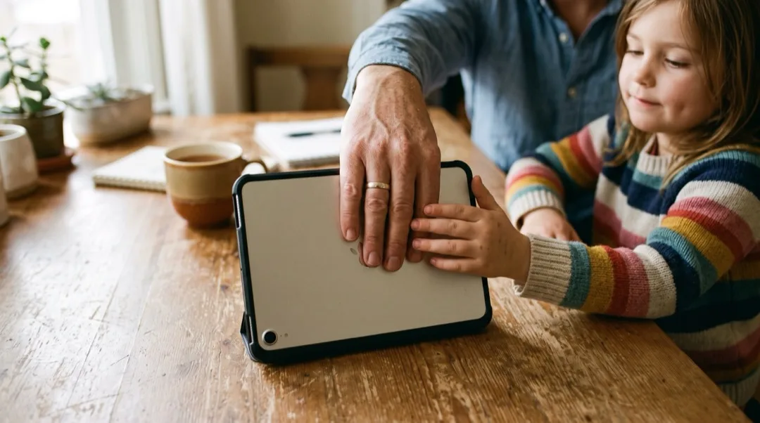 Die Hand eines Elternteils und die Hand eines Kindes legen gemeinsam ein Tablet nach dem Beenden mit dem Bildschirm nach unten auf einen Tisch.