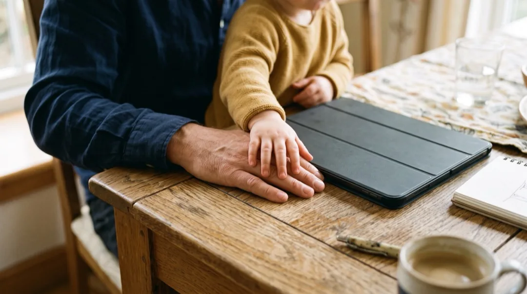 Die Hand eines Elternteils und die Hand eines Kindes ruhen beide nahe einem Tablet, sie sitzen zusammen.