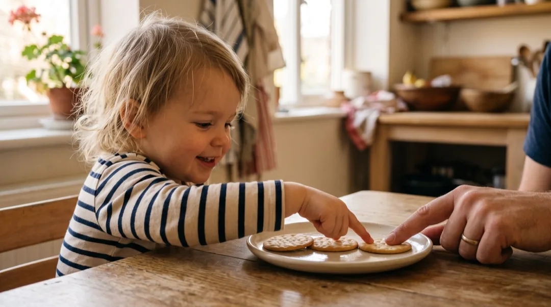 A parent's finger and a toddler's finger touching one cracker on a plate of three crackers.