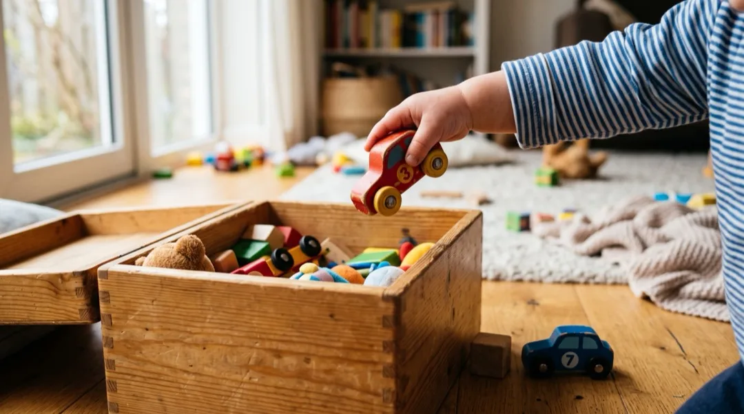 Die Hand eines Kleinkindes lässt ein Spielzeugauto in eine Holzspielzeugkiste fallen.