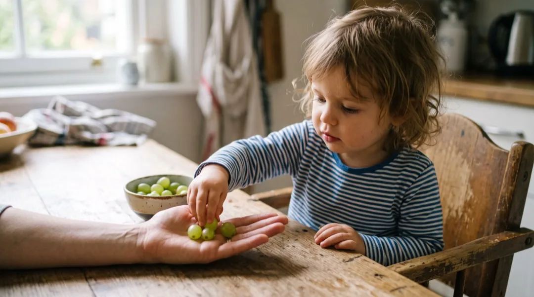 A toddler placing grapes one at a time into a parent's open palm, with three grapes already in the hand.