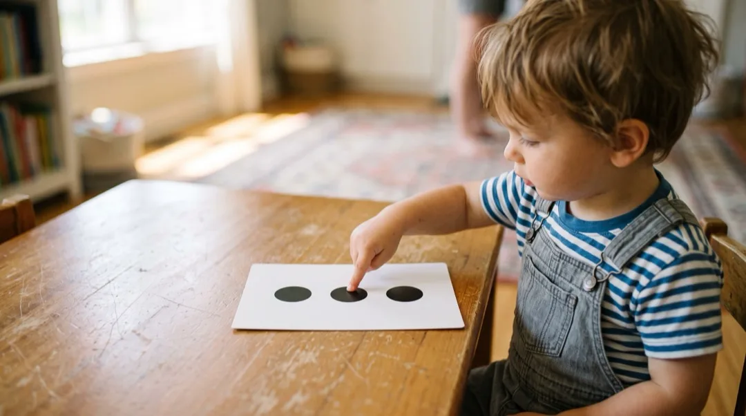A toddler pointing at a white card with three large black dots lying flat on a table.