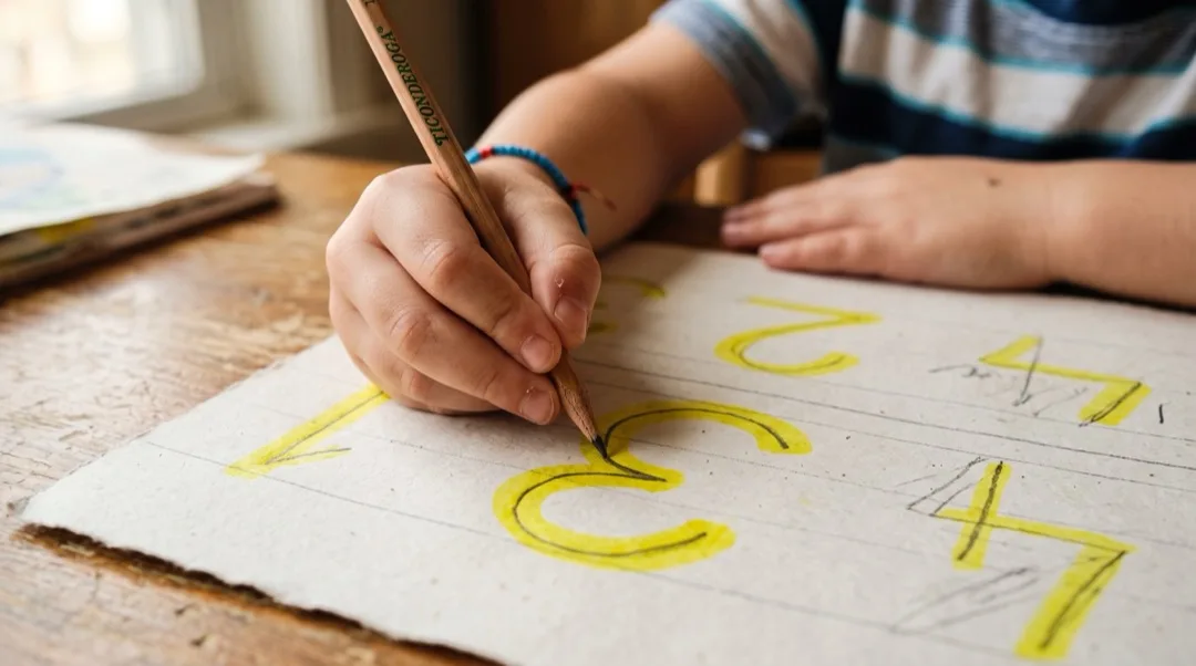 Die Hand eines Kindes fährt mit Bleistift eine mit gelbem Textmarker gezeichnete Zahl nach.