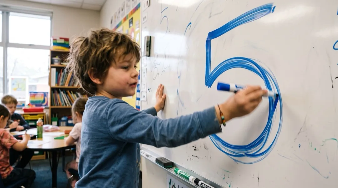 Ein Kind zeichnet eine große Zahl 5 mit blauem Marker auf einem Whiteboard.