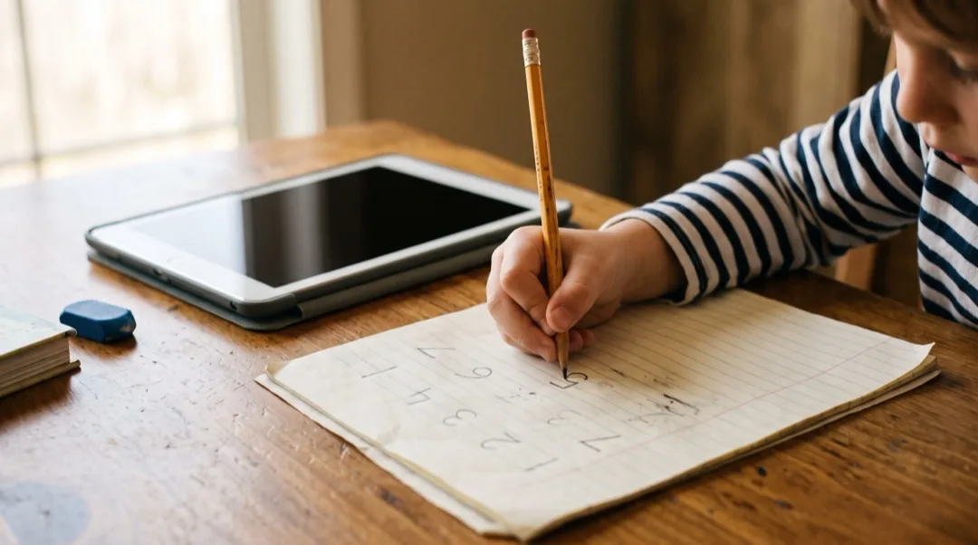 Ein Kind schreibt eine Zahl mit einem Stift auf Papier, ein Tablet liegt in der Nähe.