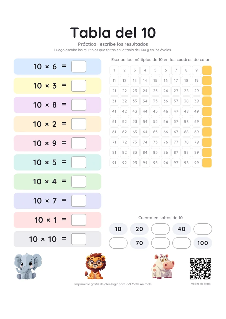 Hoja de práctica de la tabla del 10: las diez multiplicaciones en desorden con casillas vacías para el resultado; en la tabla y en la fila de conteo faltan los múltiplos.