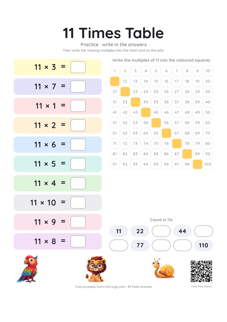 11 times table practice page: the ten facts in mixed order with empty answer boxes, the multiples missing from the chart and the counting row.