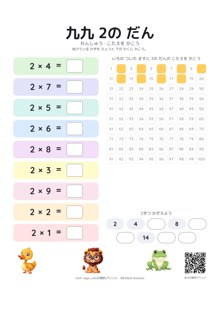 2の段の練習シート。順番をばらばらにした九九と答えを書く空欄、答えが消えた数表と数の並び。