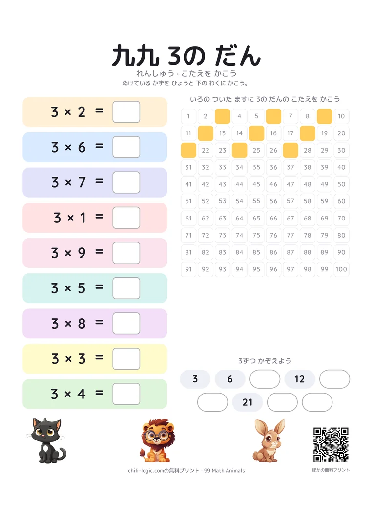 3の段の練習シート。順番をばらばらにした九九と答えを書く空欄、答えが消えた数表と数の並び。