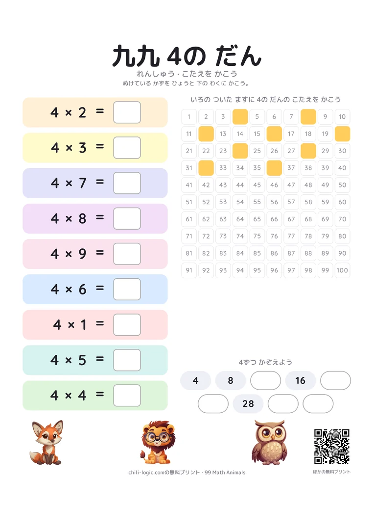 4の段の練習シート。順番をばらばらにした九九と答えを書く空欄、答えが消えた数表と数の並び。