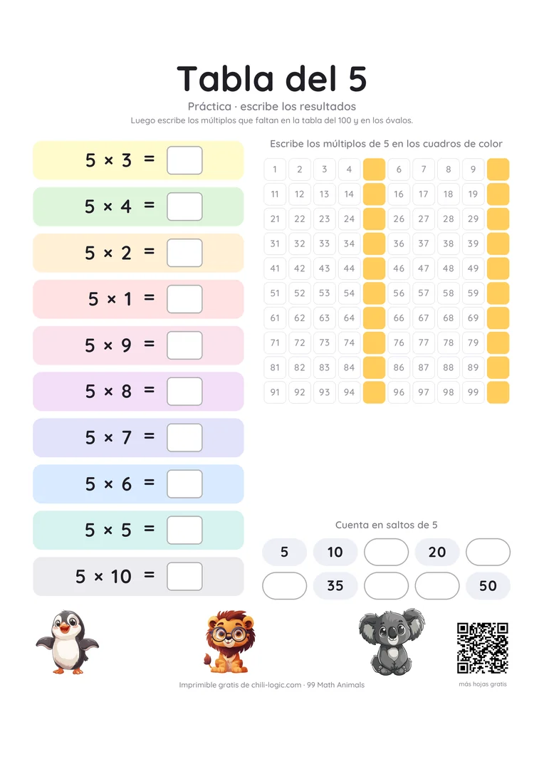 Hoja de práctica de la tabla del 5: las diez multiplicaciones en desorden con casillas vacías para el resultado; en la tabla y en la fila de conteo faltan los múltiplos.