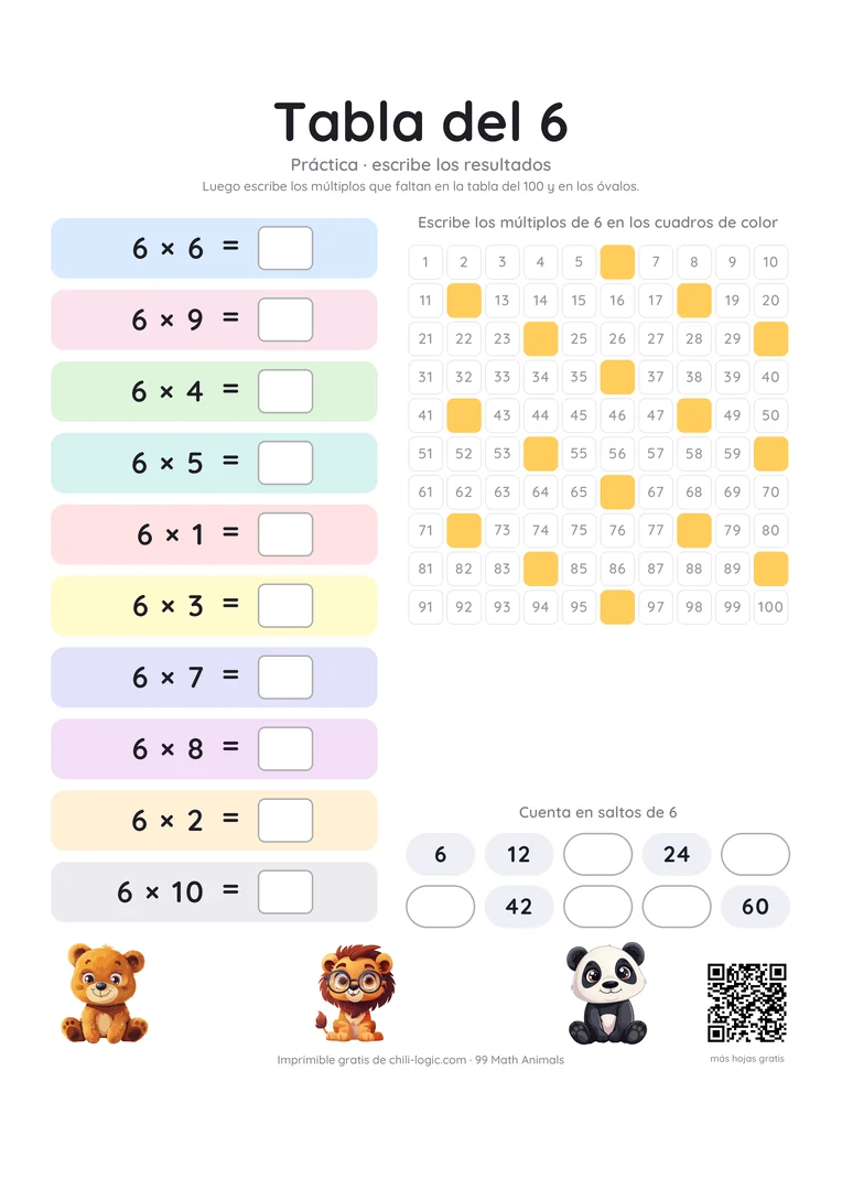 Hoja de práctica de la tabla del 6: las diez multiplicaciones en desorden con casillas vacías para el resultado; en la tabla y en la fila de conteo faltan los múltiplos.