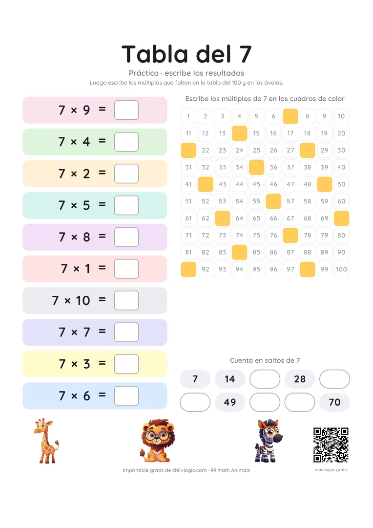 Hoja de práctica de la tabla del 7: las diez multiplicaciones en desorden con casillas vacías para el resultado; en la tabla y en la fila de conteo faltan los múltiplos.