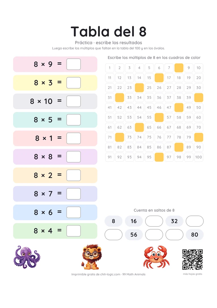 Hoja de práctica de la tabla del 8: las diez multiplicaciones en desorden con casillas vacías para el resultado; en la tabla y en la fila de conteo faltan los múltiplos.