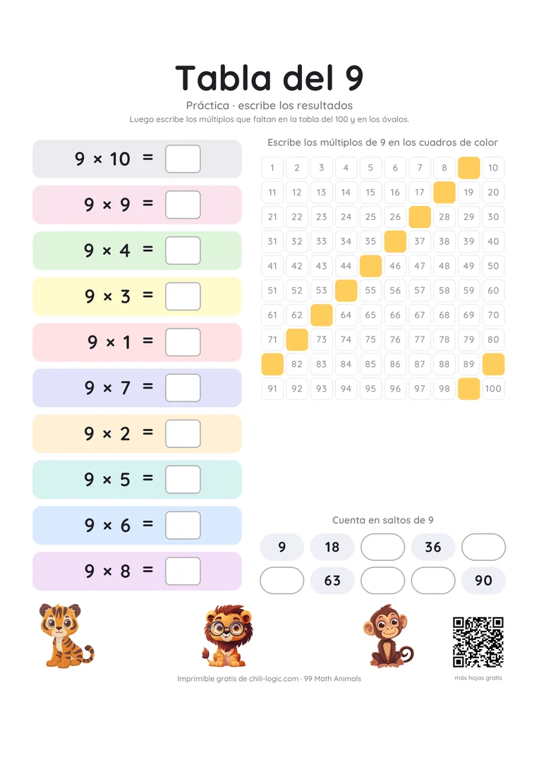 Hoja de práctica de la tabla del 9: las diez multiplicaciones en desorden con casillas vacías para el resultado; en la tabla y en la fila de conteo faltan los múltiplos.