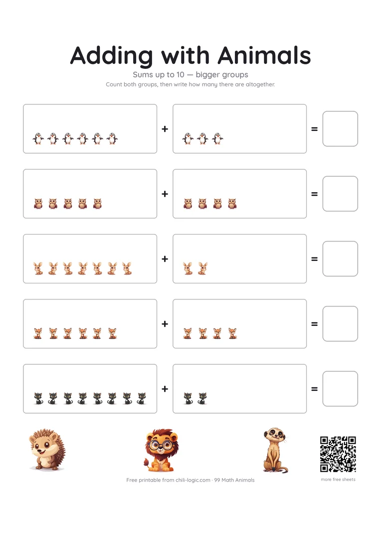 Picture addition page 2: five rows with larger groups, two groups of animals and an empty box.