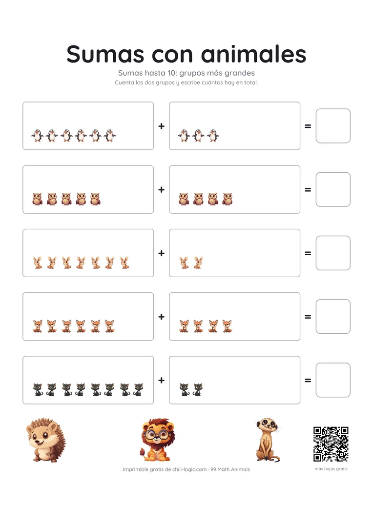 Sumas con dibujos, página 2: cinco filas con grupos más grandes, dos grupos de animales y una casilla vacía.