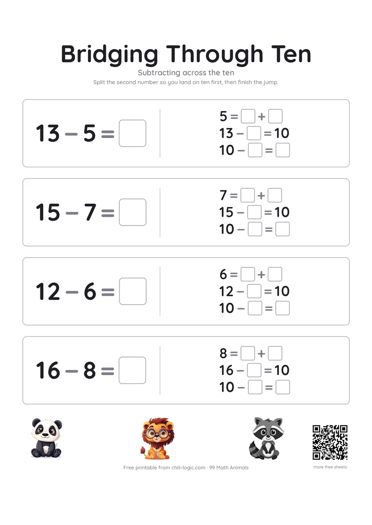 Bridging through ten, page 2: four subtraction tasks worked with the same three steps.
