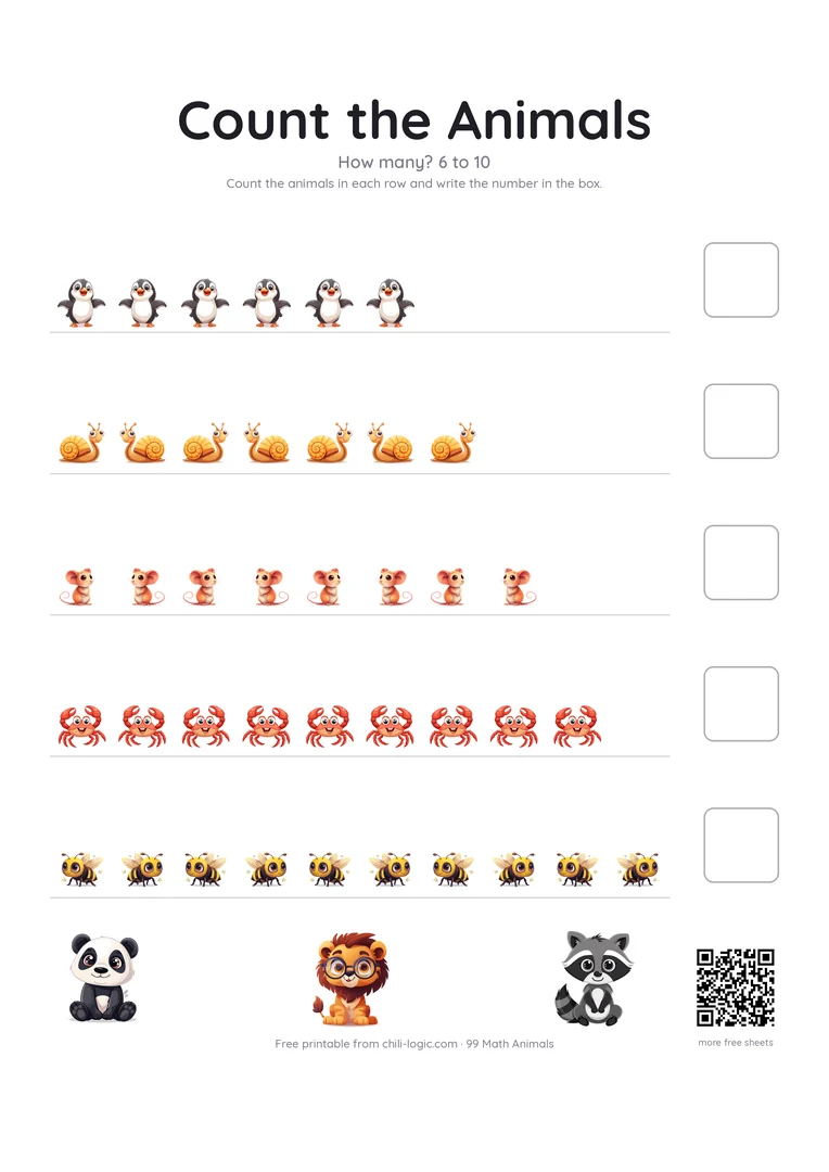 Counting worksheet page 2: rows of six to ten animals — penguins, snails, mice, crabs and bees — each with an empty box for the number.