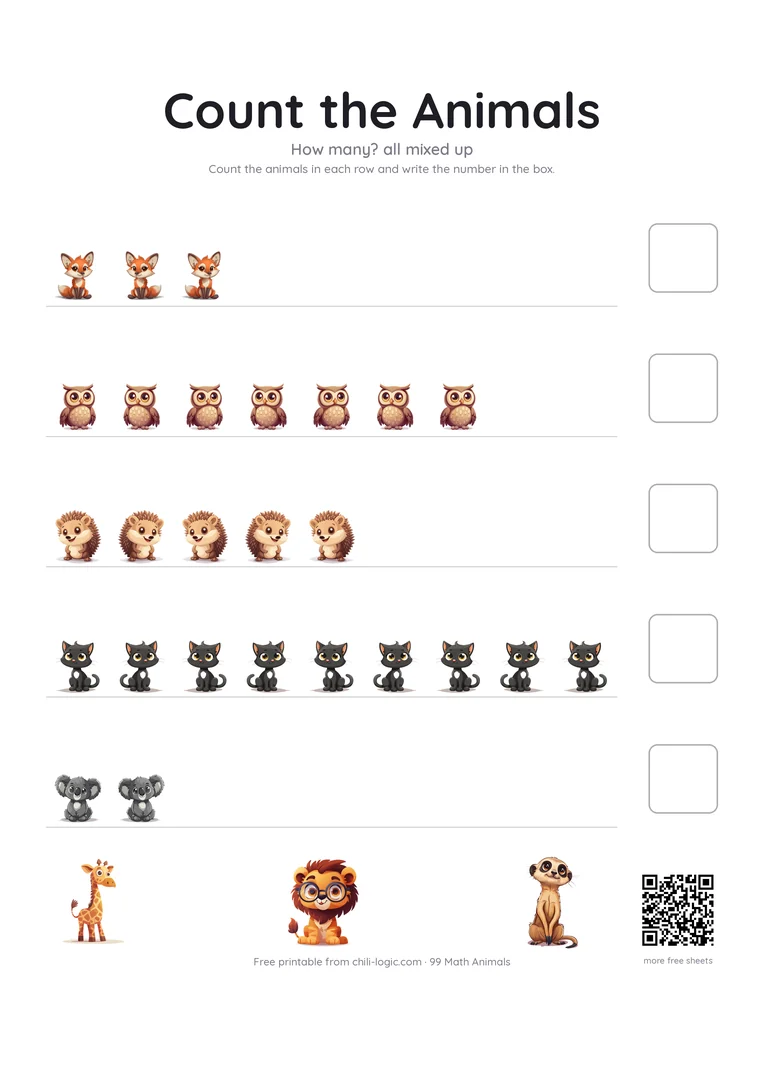Counting worksheet page 3: rows of animals in mixed quantities, each with an empty box for the number.