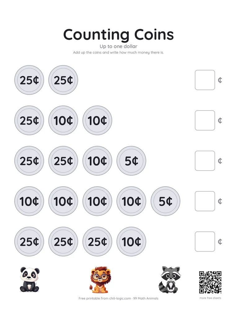 Counting coins page 2: five rows including quarters, adding up to one dollar.