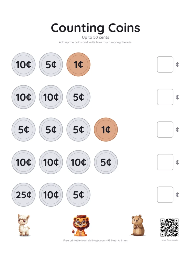 Counting coins page 1: five rows of pennies, nickels and dimes to add up to 50 cents.