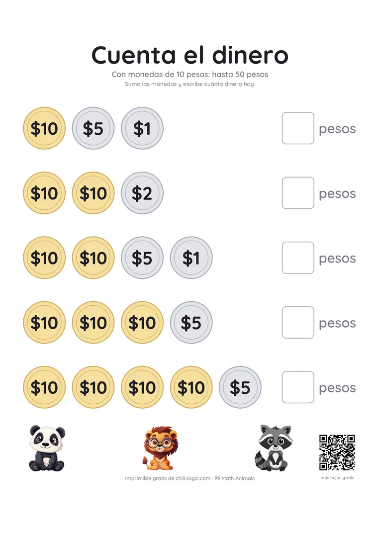 Contar dinero, página 2: cinco filas con monedas de 10 pesos, sumas hasta 50 pesos.