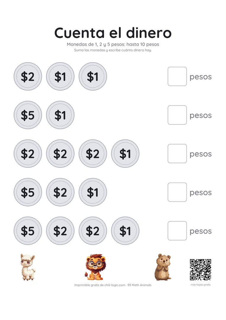 Hoja para contar dinero: filas de monedas de pesos mexicanos con su valor y una casilla para escribir el total.