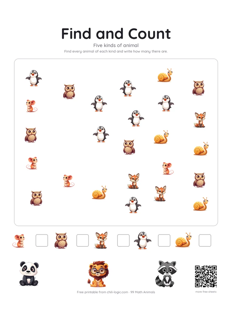 Find and count page 2: five kinds of animal scattered across a scene, with a counting key below.