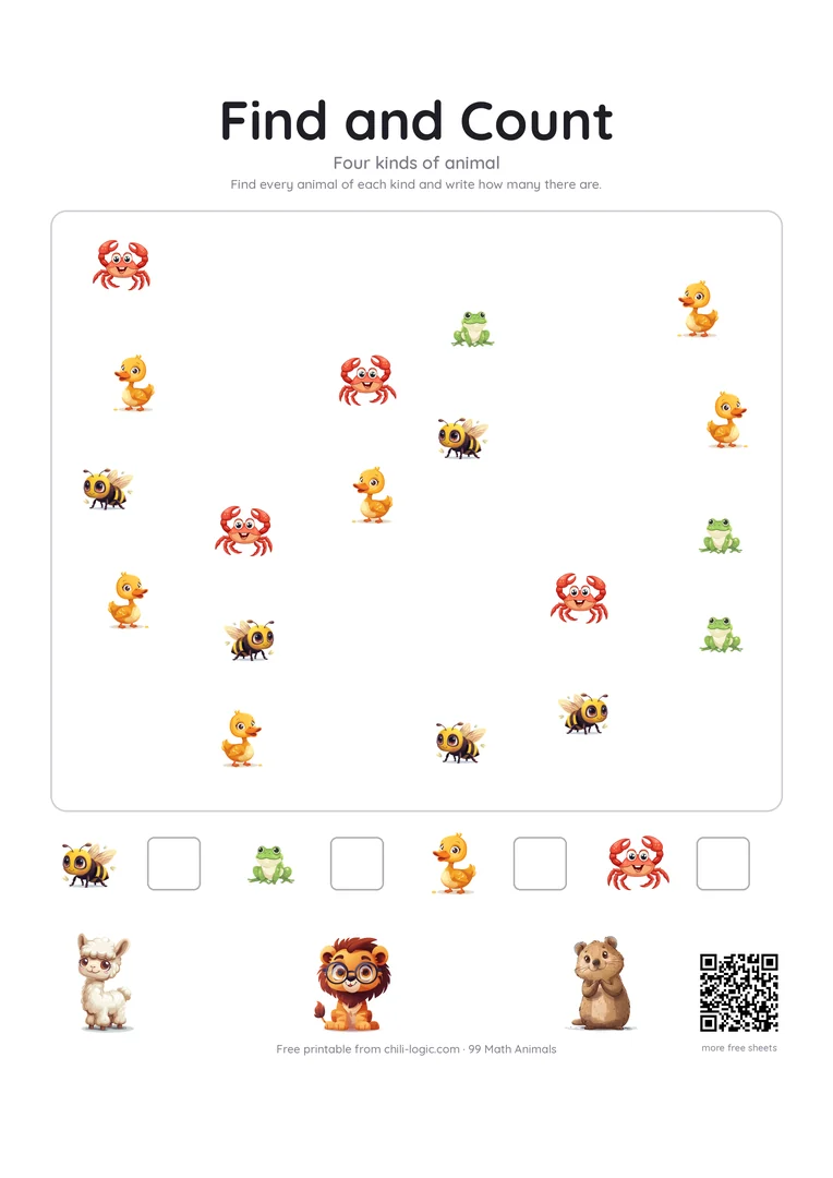 Find and count page 1: four kinds of animal scattered across a scene, with a counting key below.