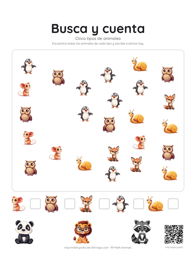 Busca y cuenta, página 2: cinco tipos de animales repartidos por una escena, con una clave para contar abajo.