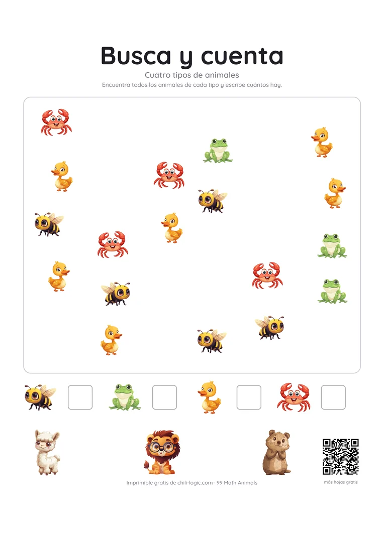 Hoja de busca y cuenta: animales mezclados por toda una escena, con una clave abajo que da una casilla a cada tipo.