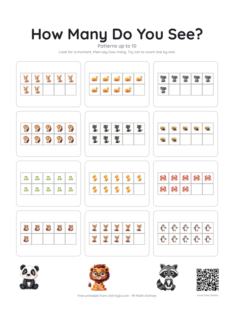 Subitizing cards page 2: twelve cards showing six to ten animals in a five-and-some ten frame.