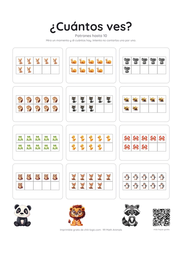 Tarjetas de subitización, página 2: doce tarjetas con seis a diez animales en un marco de diez de «cinco y algo más».