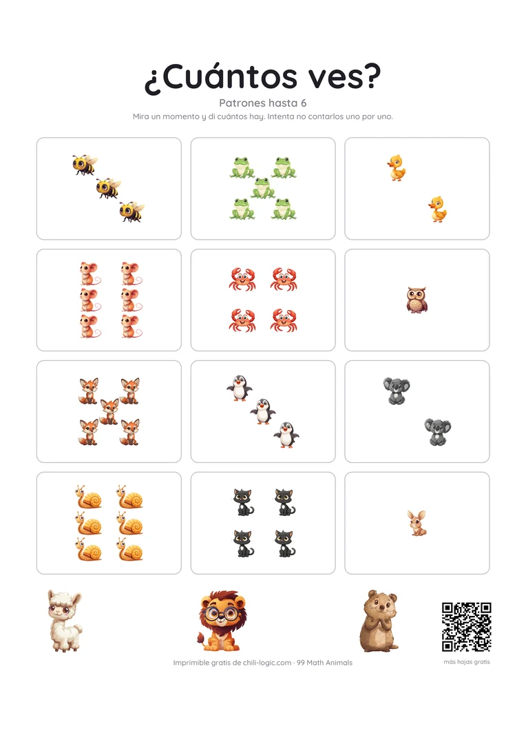 Tarjetas de subitización: animales ordenados como en los dados y en marcos de diez de «cinco y algo más».