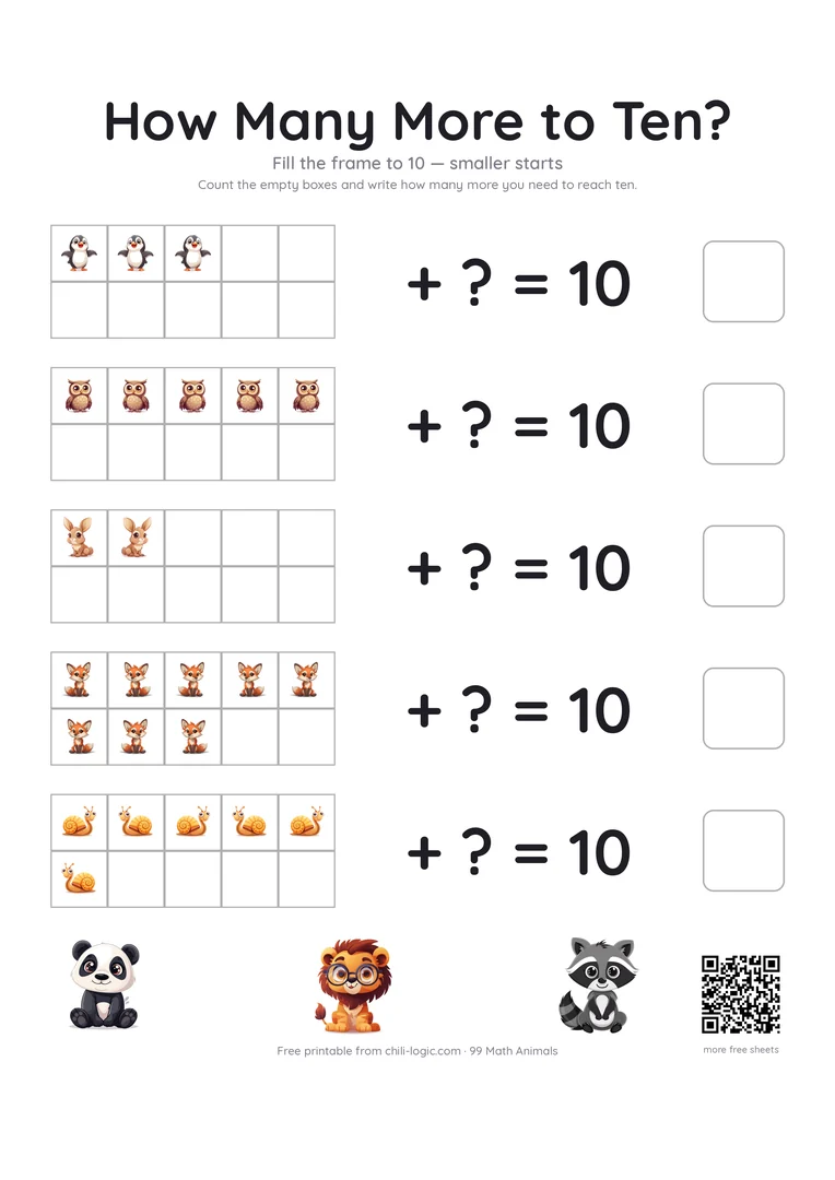 Ten-frame worksheet page 2: five frames with smaller starting counts, write how many more make ten.