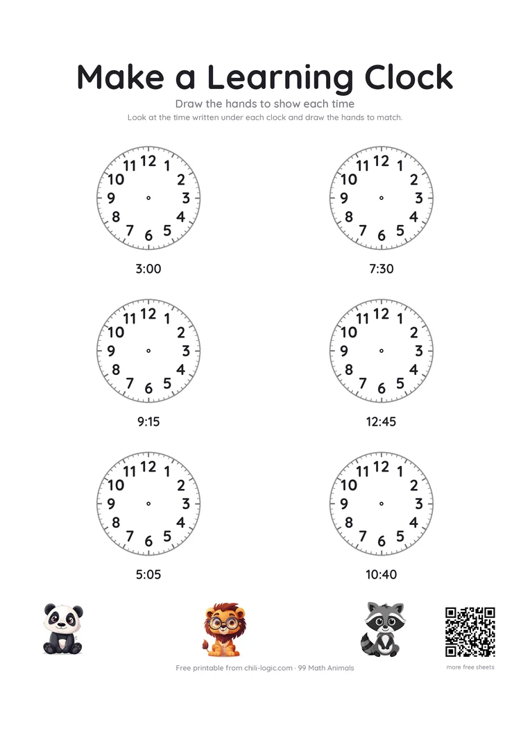 Learning clock page 2: six blank clock faces with a time written under each one to draw the hands for.