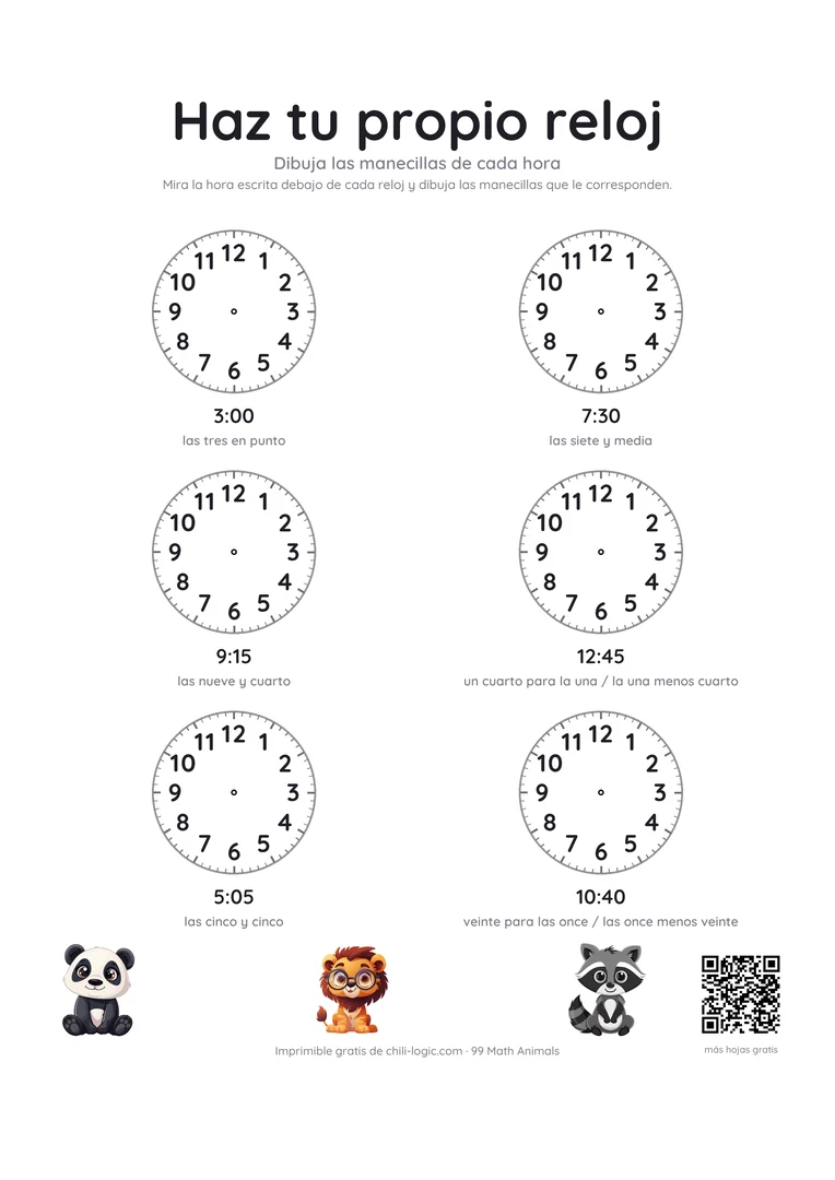 Reloj para aprender, página 2: seis relojes vacíos, cada uno con una hora escrita debajo para dibujar las manecillas.