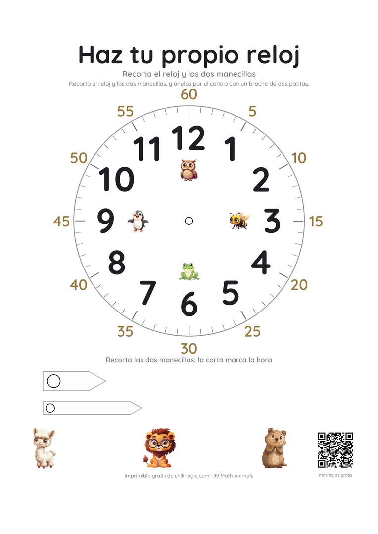 Reloj para aprender la hora: una carátula con los números de las horas y de los minutos, y dos manecillas para recortar.