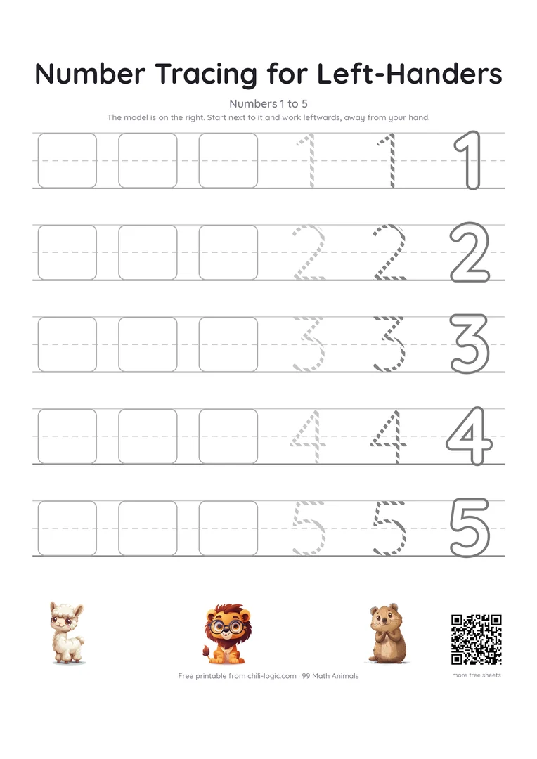 Left-handed tracing page 1: digits 1 to 5, the model at the right of each row and empty boxes to the left.