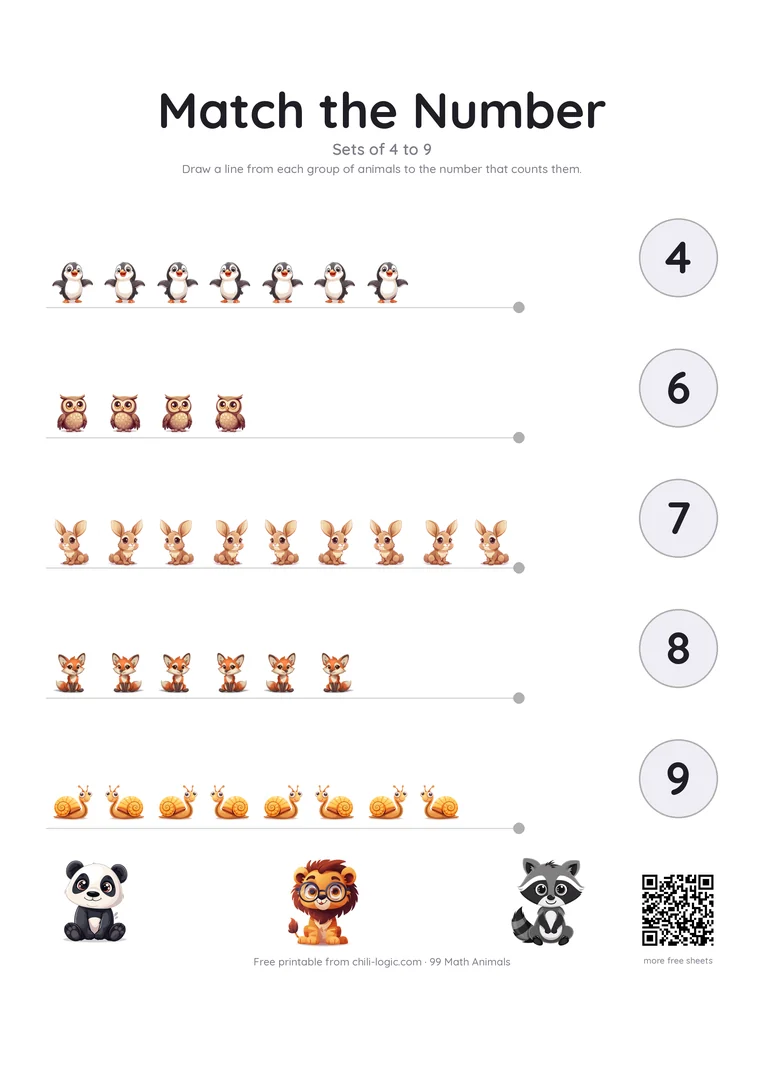 Matching page 2: five groups of animals, four to nine, and the numbers 4 to 9 to join them to.