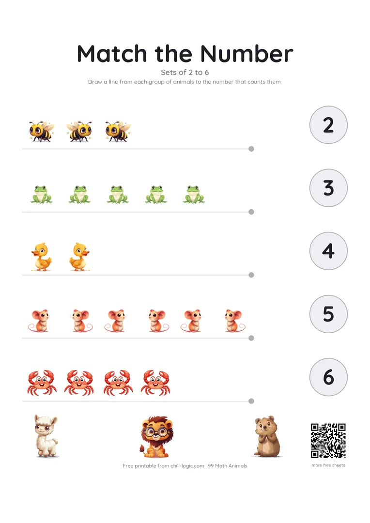 Matching page 1: five groups of animals, two to six, and the numbers 2 to 6 to join them to.
