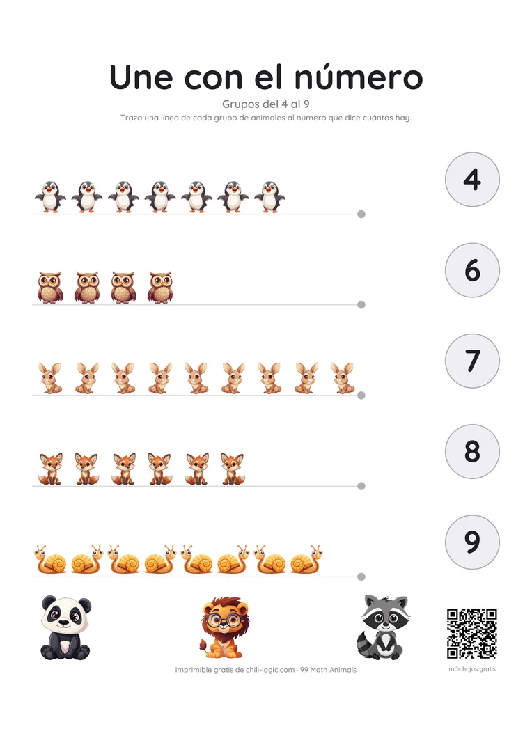 Hoja para relacionar, página 2: cinco grupos de cuatro a nueve animales y los números del 4 al 9 para unirlos.