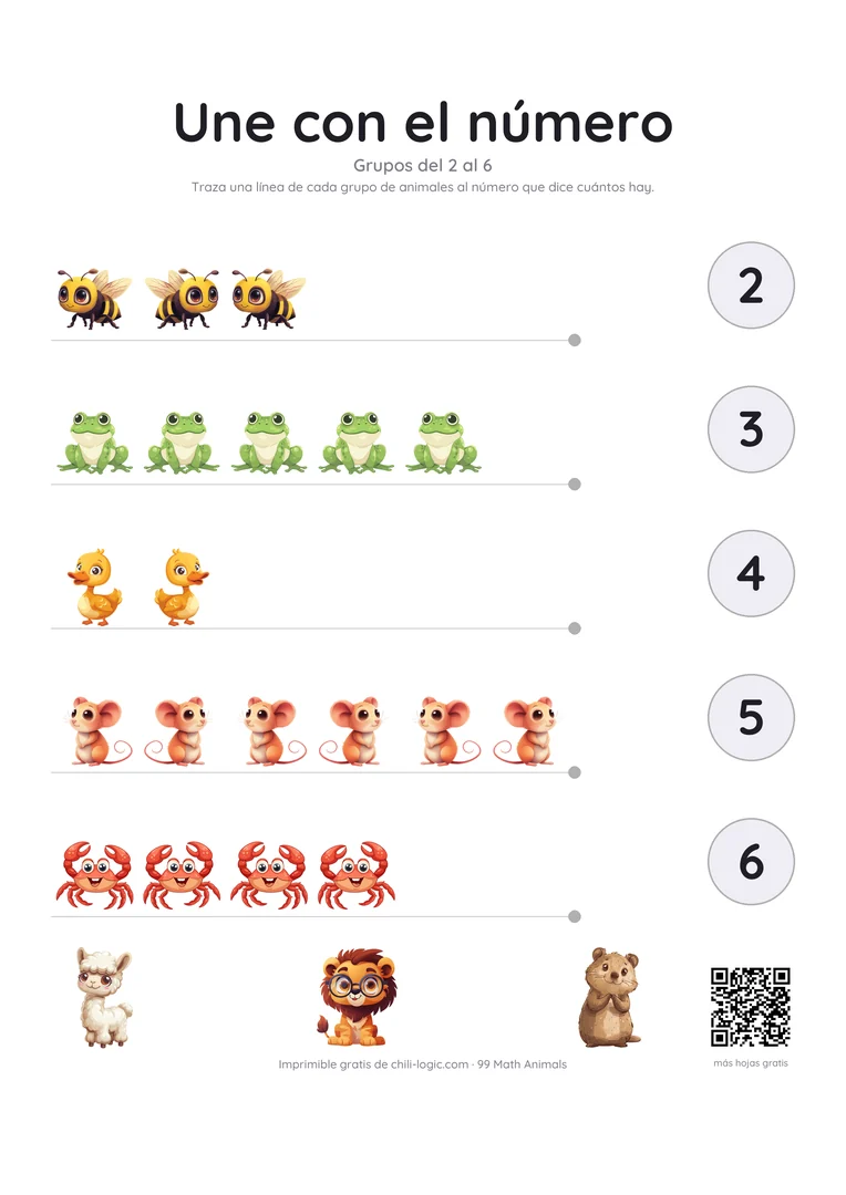 Hoja para relacionar: grupos de animales a la izquierda, números en círculos a la derecha, unidos con una línea a lápiz.